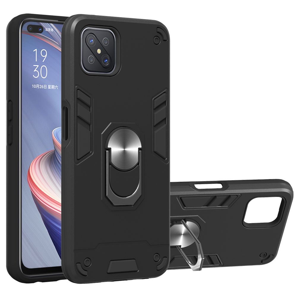 For OPPO A92s Double-layer Warframe Series with 360 Degree Rotating Ring Ruggedized Shock Protective Case