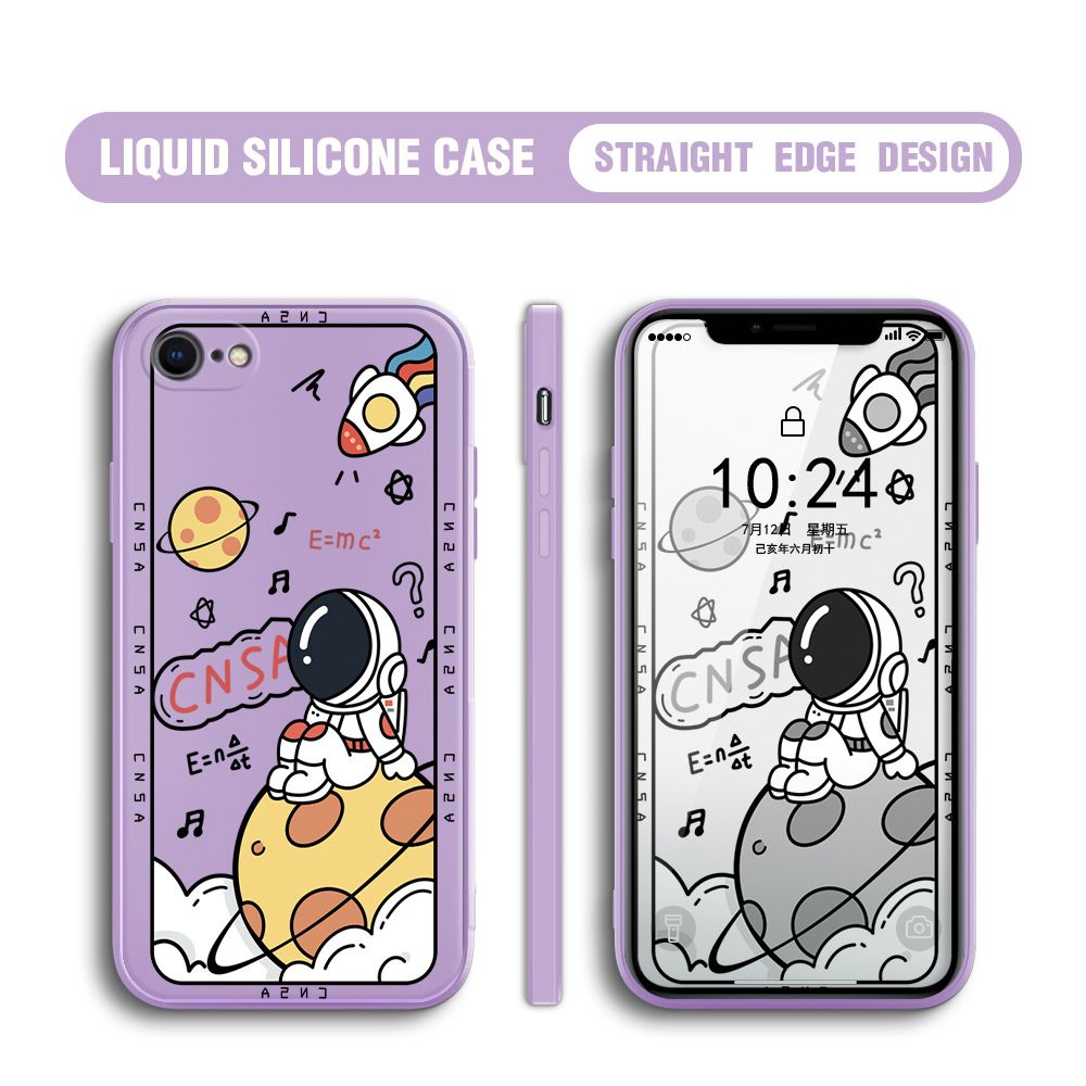 BILI for iPhone 7 / 8 / SE 2020 / SE 2022 Back Cover Little Astronaut Sit In Planet Multicolor Liquid Silicone Phone Case Soft Square Lens Protection Phone Cases