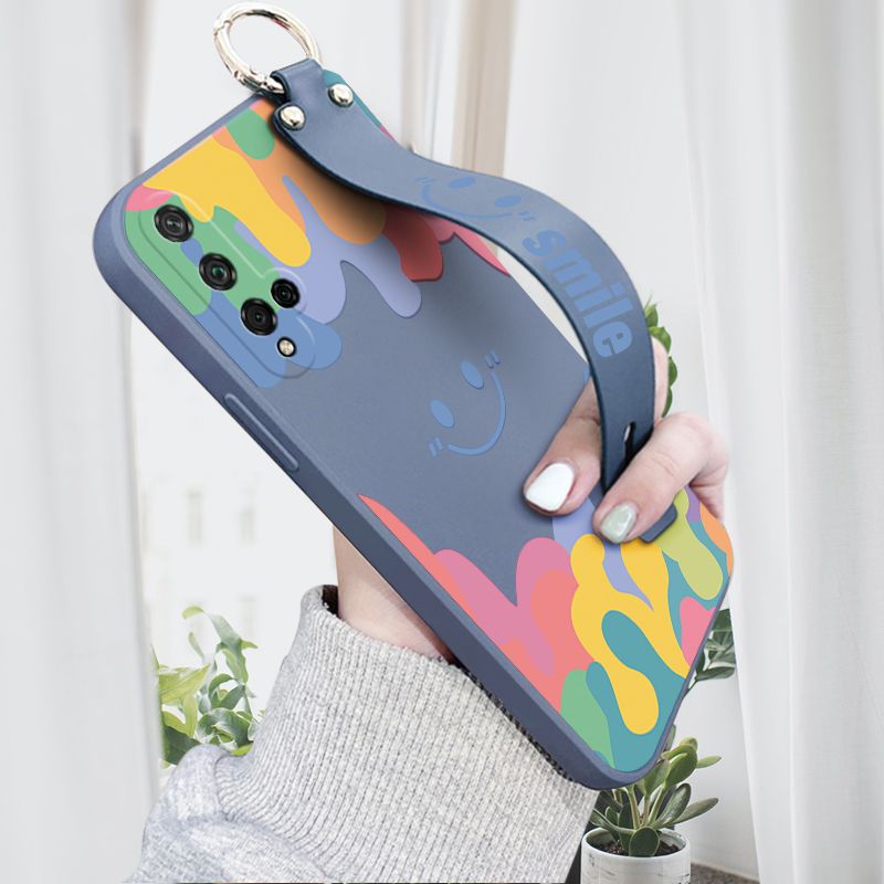 Hontinga for Honor 20 / Nova 5T Wrist Strap Case Soft Candy Color Splash Ink Cover Trend Square Printed Pattern Liquid Silicone Phone Case