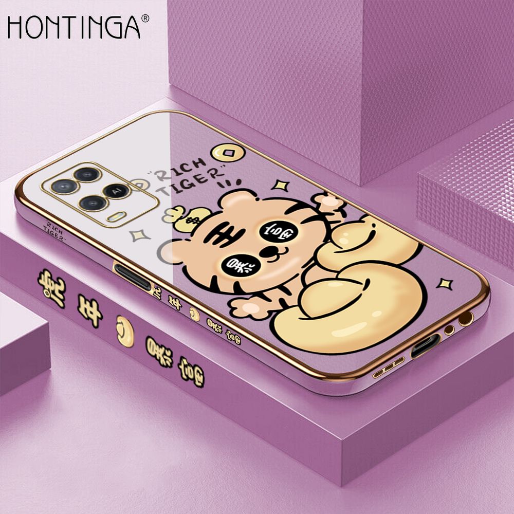 Hontinga for OPPO A54/A54 2021 Back Cover + Free Lanyard Luxury 6D Plating Cartoon Get Rich Tiger Side Pattern Caese Soft Silicone Square Phone Cases