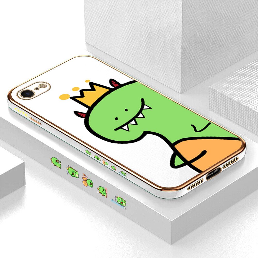 Luxury 6D Plating Case for iPhone 7 Cute Little Dinosaur Side Pattern Back Cover Soft Silicone Square Frame Shiny Bling Phone Cases + Free Lanyard