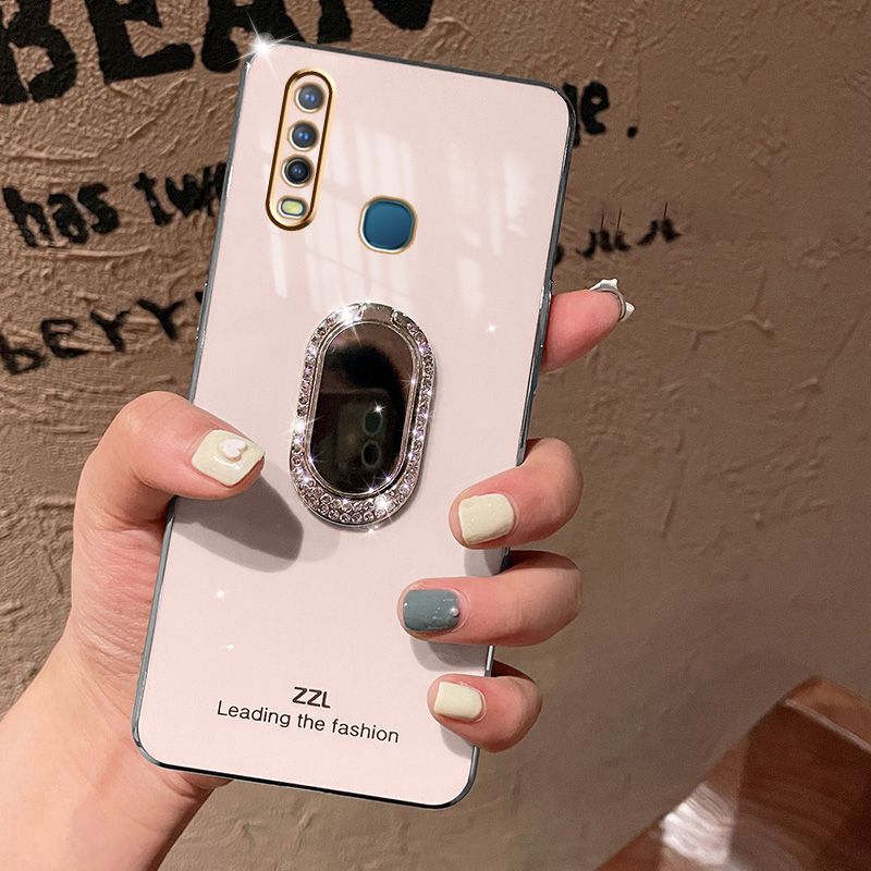 For Vivo Y15 Back Cover + Rhinestone Ring Holder Stand Shiny Plating Square Bumper Girls Phone Case Soft TPU Silicone Shockproof Protective Cover