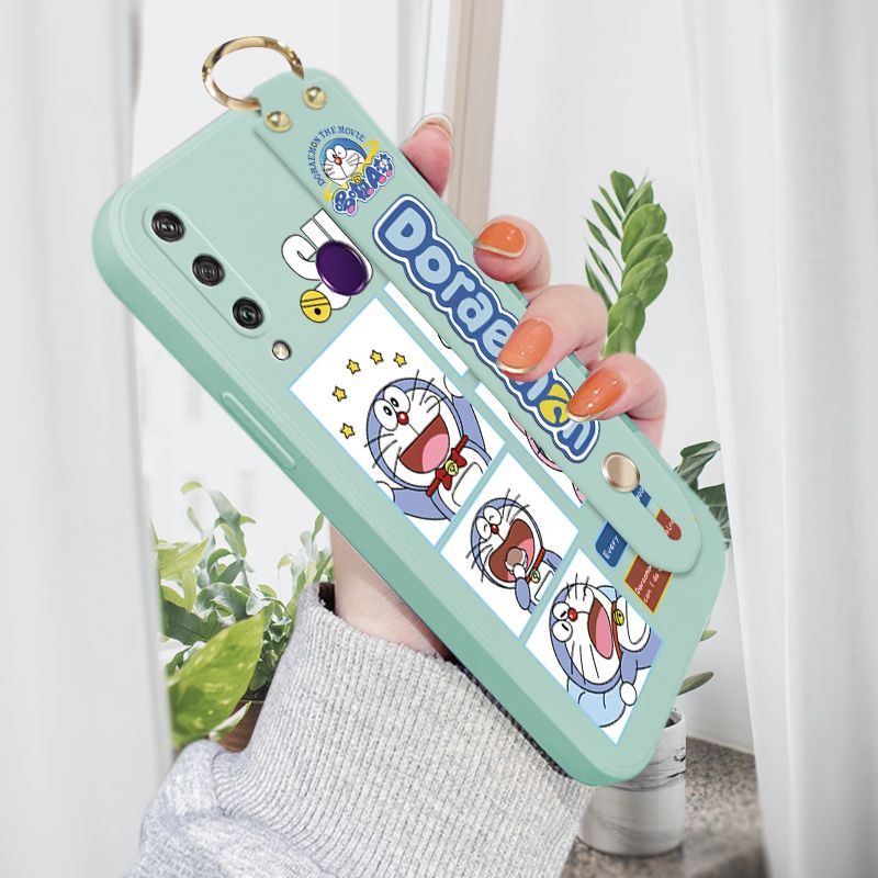 Jizetin for Huawei Y6P Wrist Strap Case Creative Cartoon Doraemon's Daily Life Cover Ultra Thin Anti Fall Liquid Silicone Phone Case
