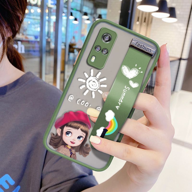 UCUC for VIVO Y51 2020 Wrist Strap Case Lovely Cartoon Red Hat Girl Wristband Printing Cover Shockproof Frosted Phone Case