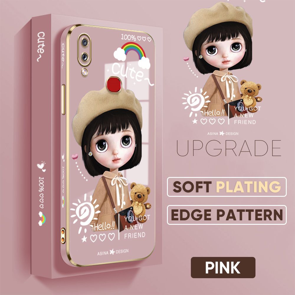 TA for Samsung Galaxy A10S Back Cover + Free Lanyard Satchel Girl Luxury 6D Plating Case Side Pattern Soft Silicone Square Phone Cases