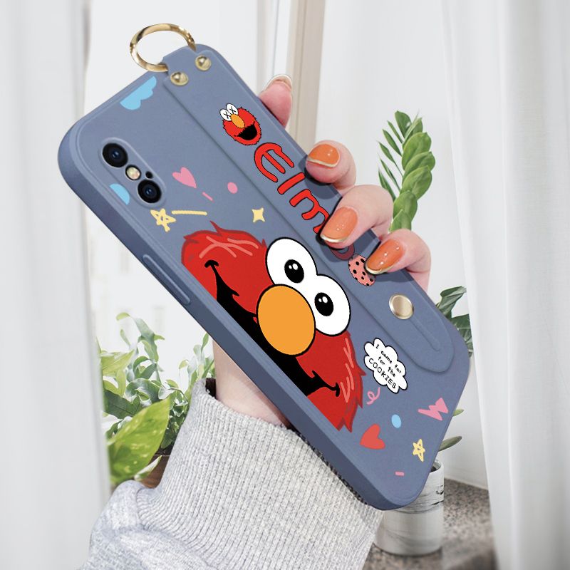 Jizetin for iPhone XS Wrist Strap Case Creative Cartoon Red Haired Monster Cover Ultra Thin Anti Fall Liquid Silicone Phone Case