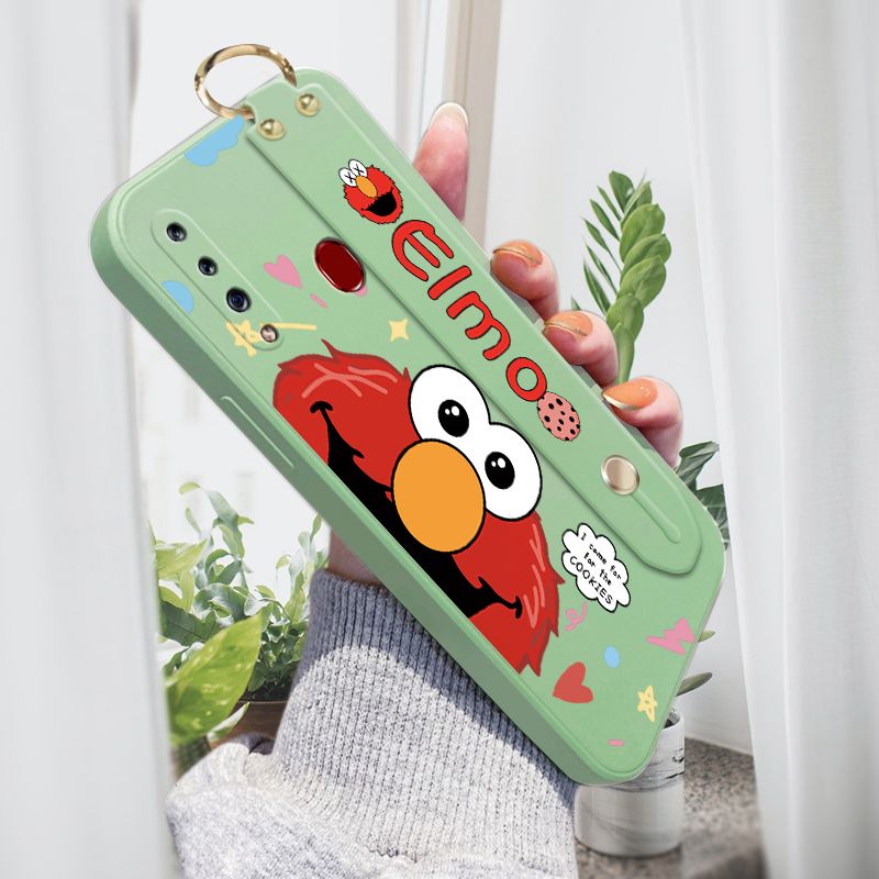 Jizetin for Samsung Galaxy A20S Wrist Strap Case Creative Cartoon Red Haired Monster Cover Ultra Thin Anti Fall Liquid Silicone Phone Case