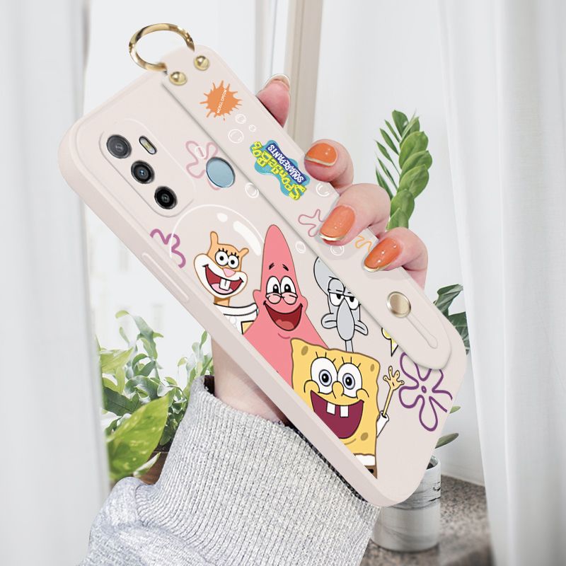Jizetin for OPPO A53 2020 Wrist Strap Case Funny Cartoon Sea Creatures Cover Ultra Thin Anti Fall Liquid Silicone Phone Case