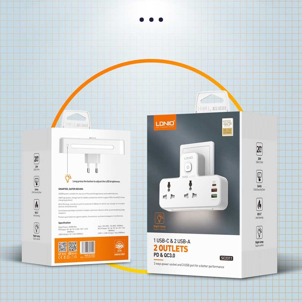 LDNIO SC2311 20W 3-Port USB Charger Extension Power Strip