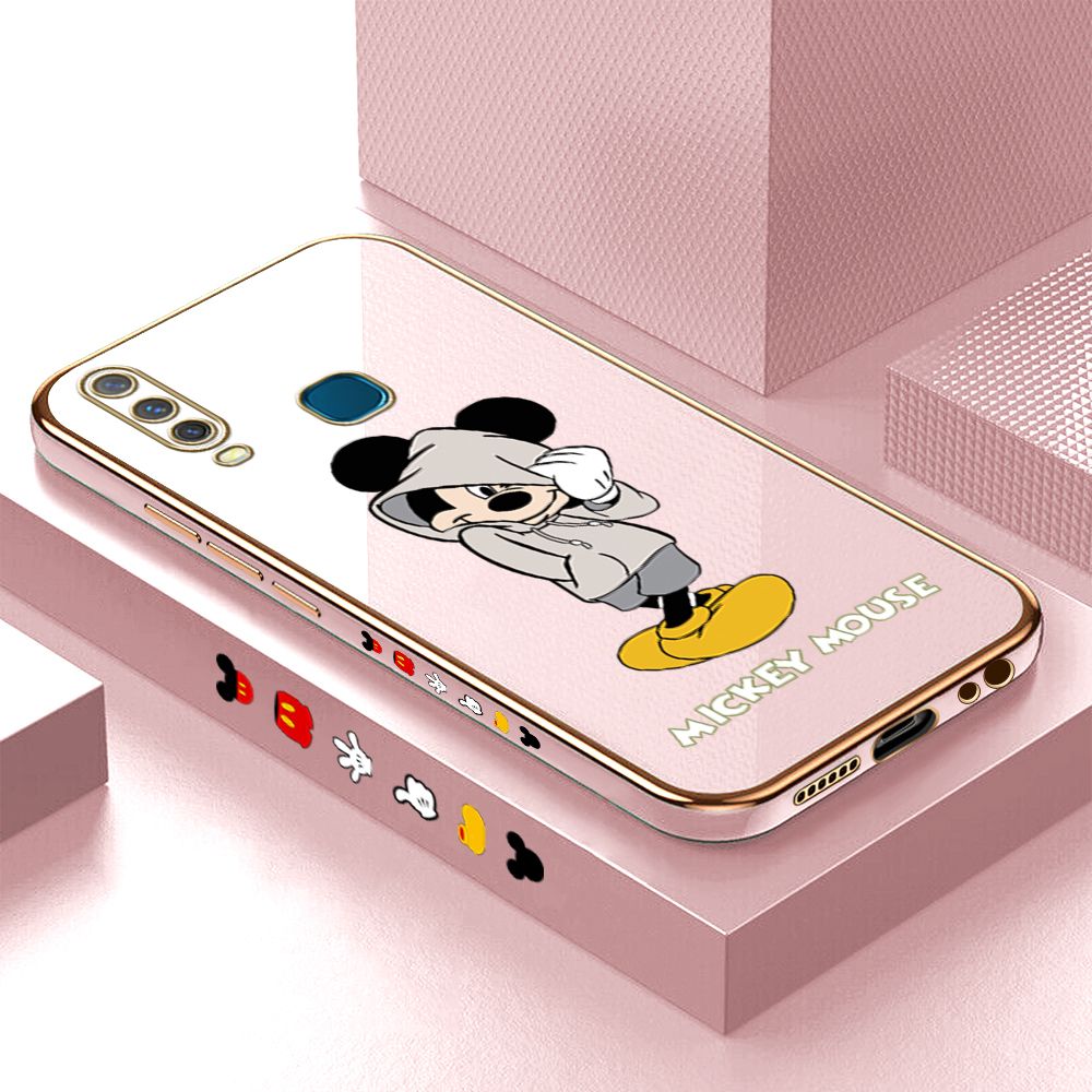 Luxury 6D Plating Case for Vivo Y17 Cartoon Cool Mouse Side Pattern Back Cover Soft Silicone Square Frame Shiny Bling Phone Cases + Free Lanyard