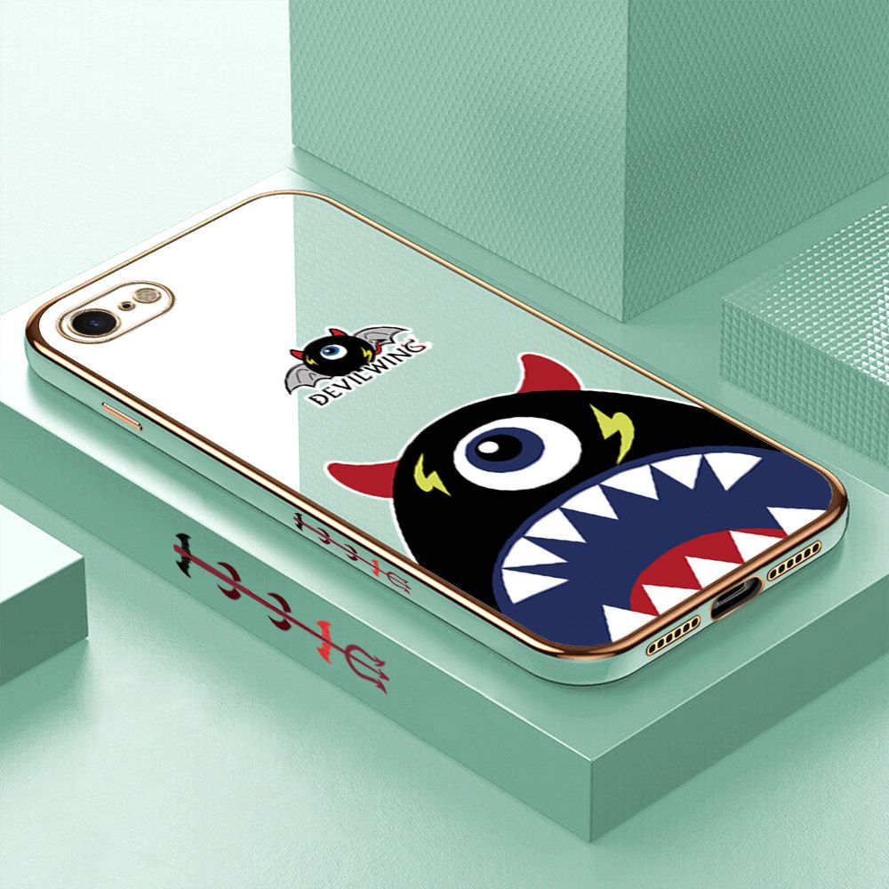 Luxury 6D Plating Case for iPhone 7 Cartoon One-eyed Devil Wing Side Pattern Back Cover Soft Silicone Square Frame Shiny Bling Phone Cases + Free Lanyard