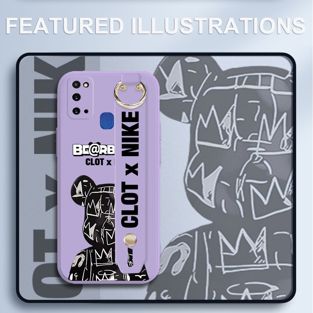 UCUC for Samsung Galaxy M31 Wrist Strap Case Creative Cartoon Black Stitching Bear Cover Ultra Thin Anti Fall Liquid Silicone Phone Case