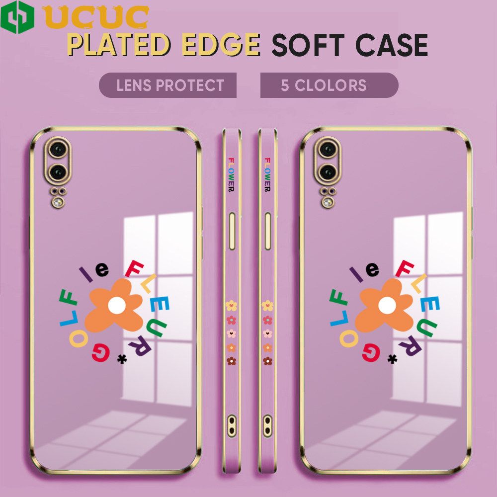 UCUC for Huawei P20 Back Cover + Free Lanyard Colorful Flower Luxury 6D Plating Case Side Pattern Soft Silicone Square Phone Cases