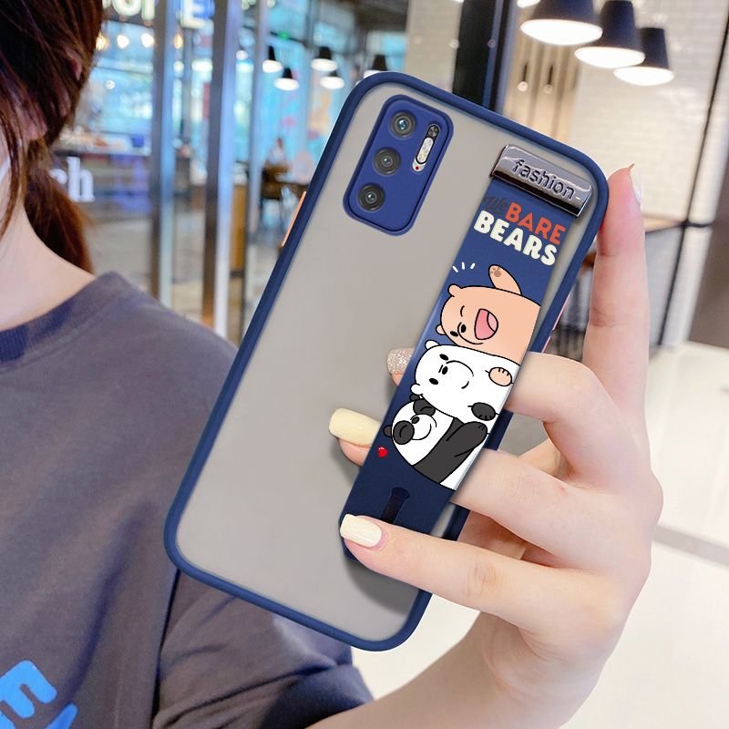 UCUC for Xiaomi Redmi Note 10 5G Wrist Strap Case Cute Cartoon Three Little Bears Wristband Printing Cover Shockproof Frosted Phone Case