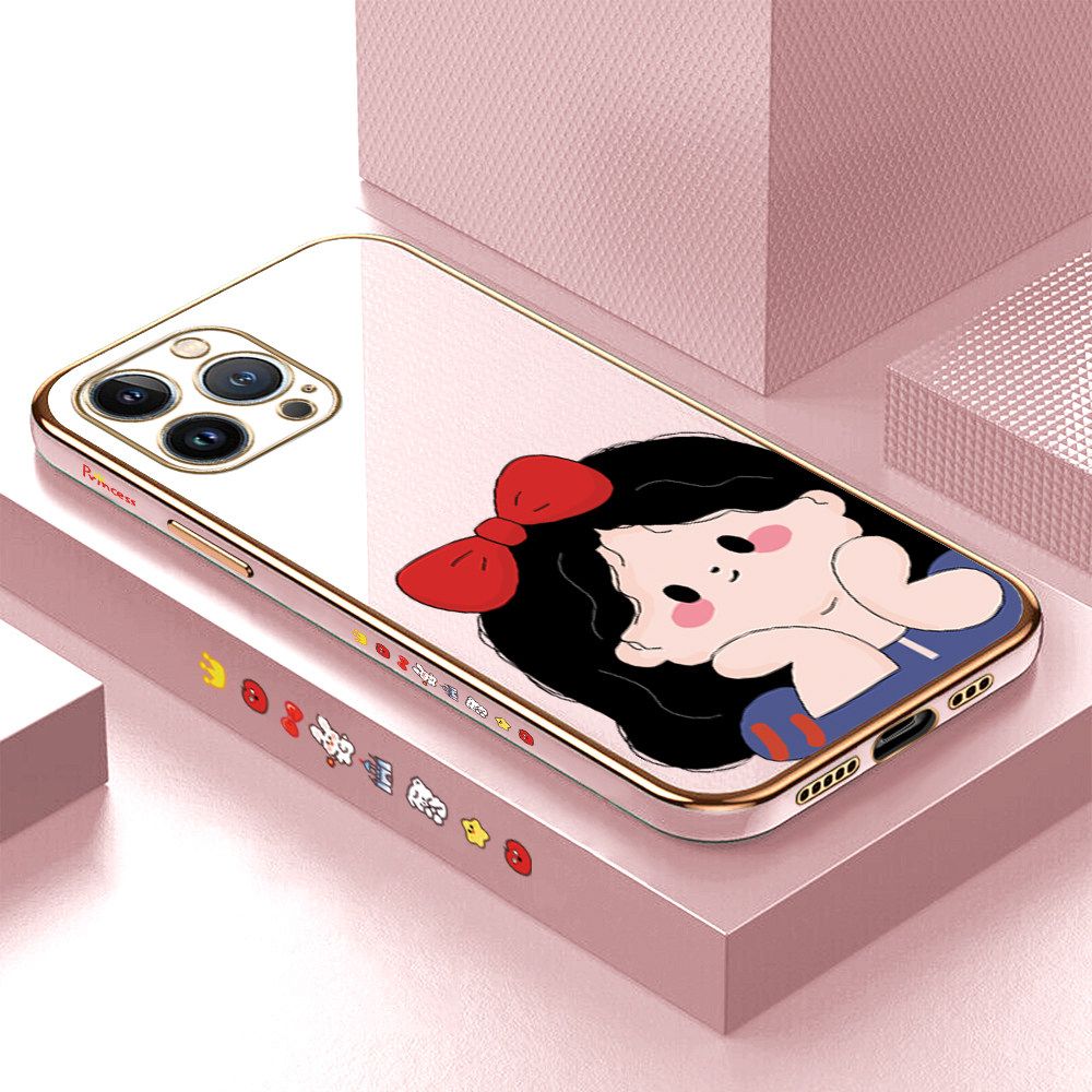 Luxury 6D Plating Soft Casing Silicone Square Frame Phone Case For iPhone 13 Pro Case Shiny Bling Back Cover Cartoon Cute Bow Girl Square Edge Pattern Design Soft Case + Free Lanyard
