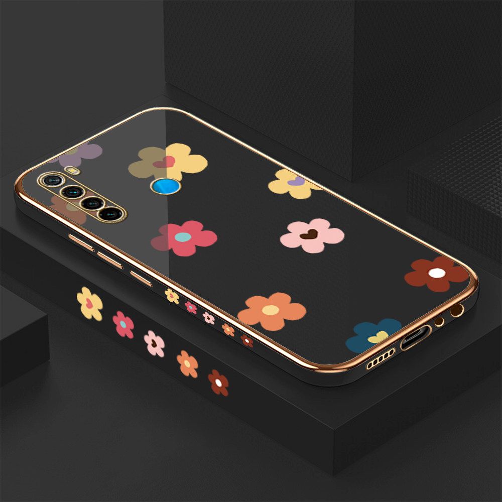 Luxury 6D Plating Case for Redmi Note 8 Color Cartoon Flowers Side Pattern Back Cover Soft Silicone Square Frame Shiny Bling Phone Cases + Free Lanyard