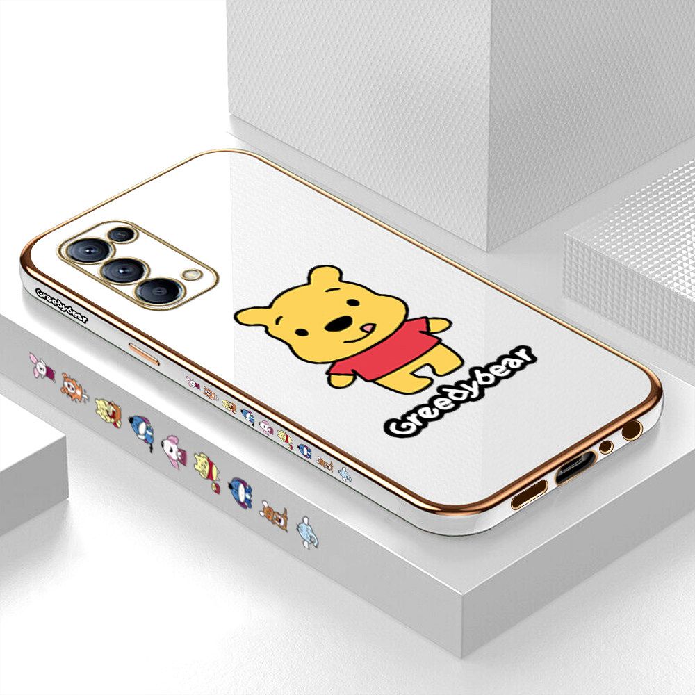 Luxury 6D Plating Case for OPPO Reno5 Squirming Little Sweet Bear Side Pattern Back Cover Soft Silicone Square Frame Shiny Bling Phone Cases + Free Lanyard