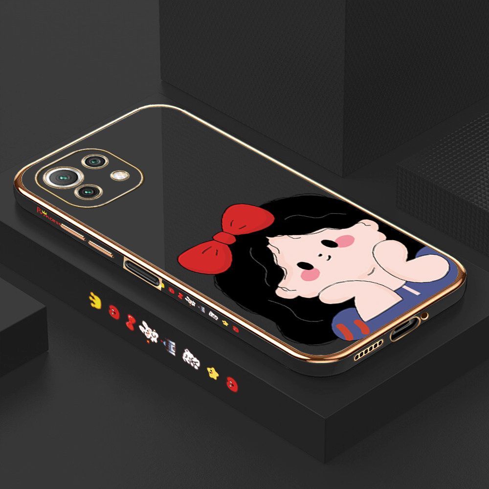 Luxury 6D Plating Soft Casing Silicone Square Frame Phone Case For Xiaomi 11 Lite Case Shiny Bling Back Cover Cartoon Cute Bow Girl Square Edge Pattern Design Soft Case + Free Lanyard