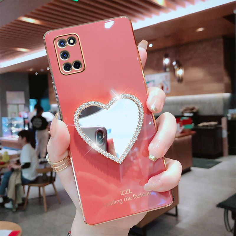 For OPPO A92 A52 Cover with Makeup Mirror Shiny Plating Square Bumper Girls Phone Case Soft TPU Silicone Shockproof Protective Back Cover
