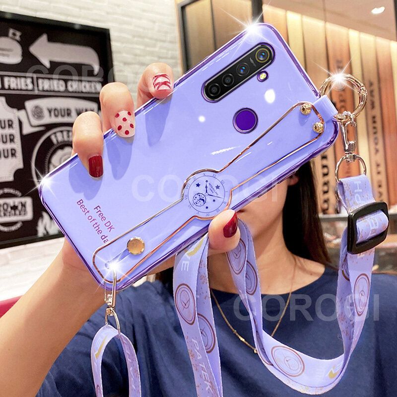 For Realme 5i Cover with [Lanyard + Wrist Strap Stand Holder] Ultra Thin Plating Bumper Phone Case Camera Lens Protection Soft TPU Silicone Shockproof Protective Back Cover