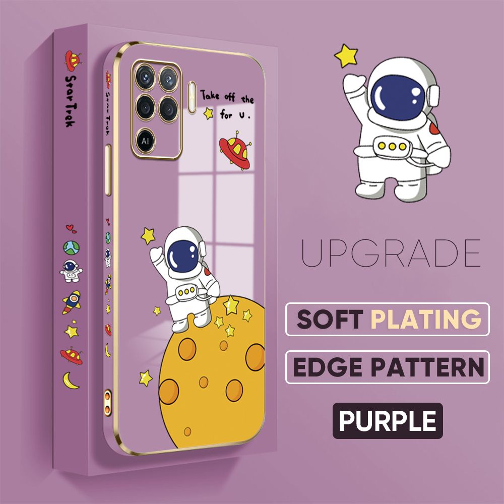 TA for OPPO F19 Pro / A94 4G / Reno 5 Lite / Reno5 F Back Cover + Free Lanyard Planet Astronaut Luxury 6D Plating Case Side Pattern Soft Silicone Square Phone Cases