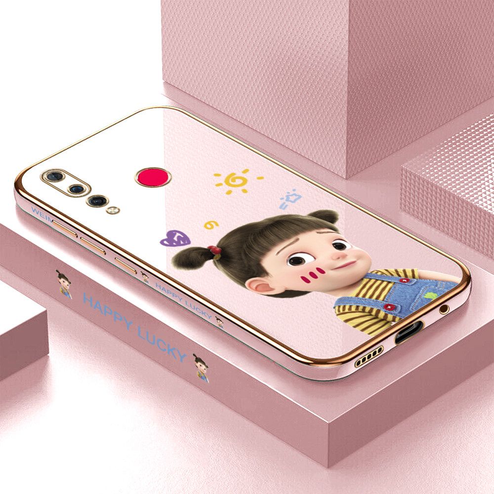 ZeroQiQi for Huawei Nova 4 Back Cover Cute Girl Luxury 6D Plating Case Side Pattern Soft Silicone Square Mobile Phone Cases + Free Lanyard
