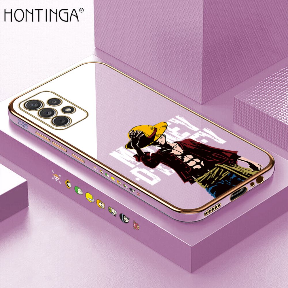 Hontinga for Samsung A72 5G/4G Back Cover + Free Lanyard Luxury 6D Plating Handsome Luffy Side Pattern Case Soft Silicone Square Mobile Cover