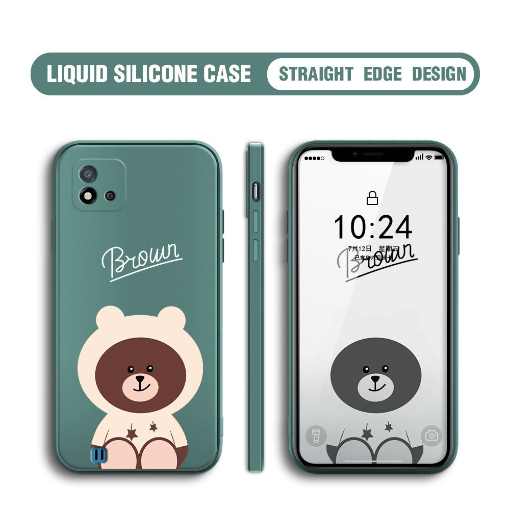 BILI for Realme C20 / C20A / C11 2021 Back Cover Brown Bear Multicolor Liquid Silicone Phone Case Soft Square Lens Protection Phone Cases