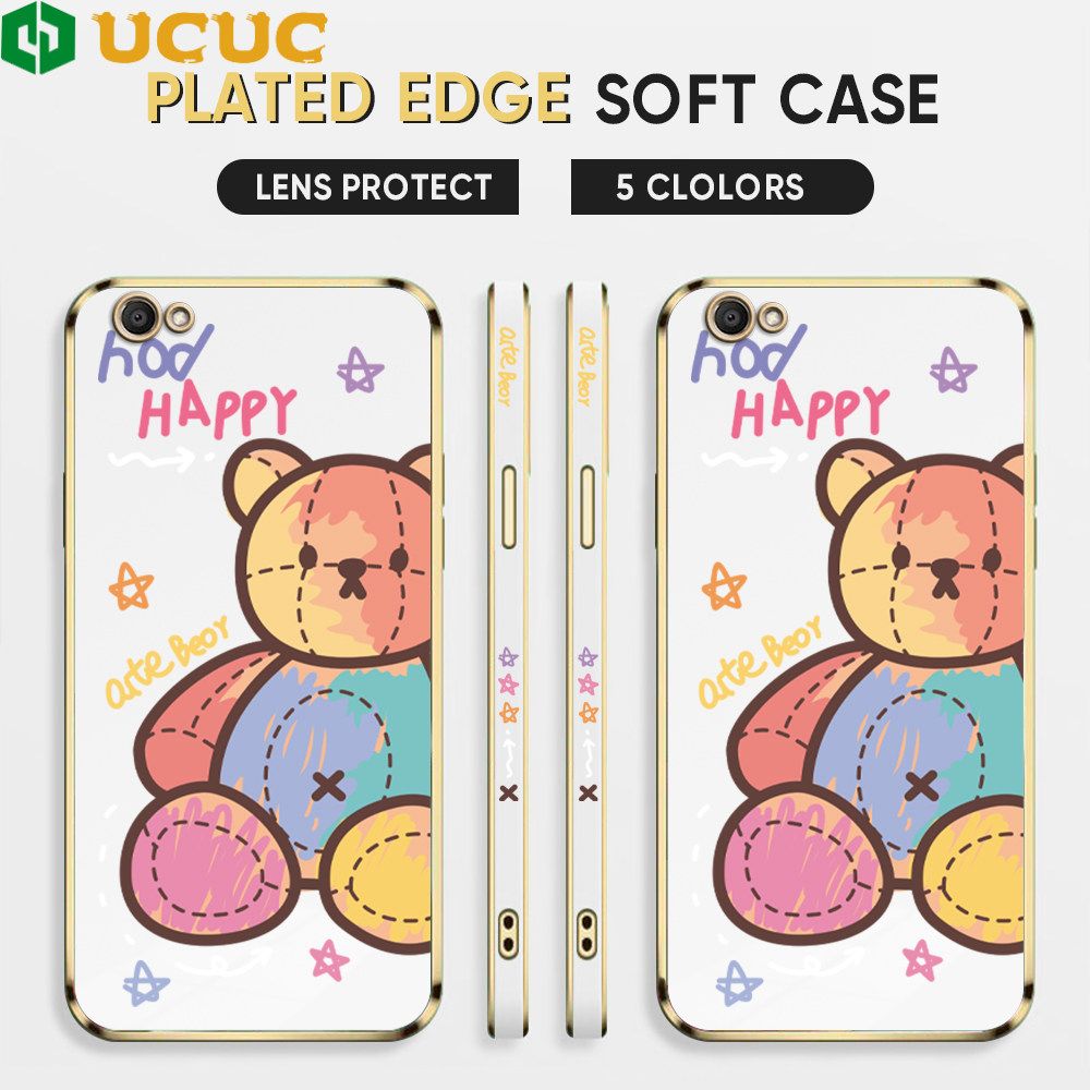 UCUC for Vivo Y67 V5 V5 Lite V5S Back Cover + Free Lanyard Colorful Muppet Bear Luxury 6D Plating Case Side Pattern Soft Silicone Square Phone Cases