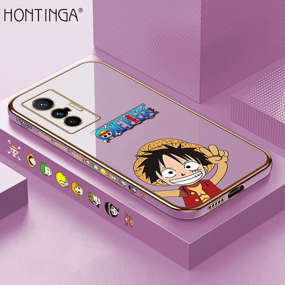 Hontinga for Vivo X70 5G Back Cover + Free Lanyard Luxury 6D Plating Anime Cartoon Happy Luffy Side Pattern Case Soft Silicone Square Mobile Cover