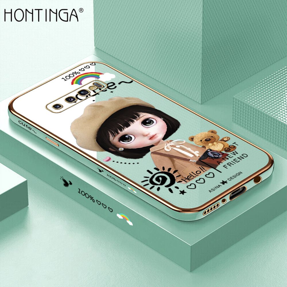 Hontinga for Samsung Galaxy S10 Plus Back Cover + Free Lanyard Luxury 6D Plating Cartoon Satchel Girl Side Pattern Case Soft Silicone Square Phone Cases