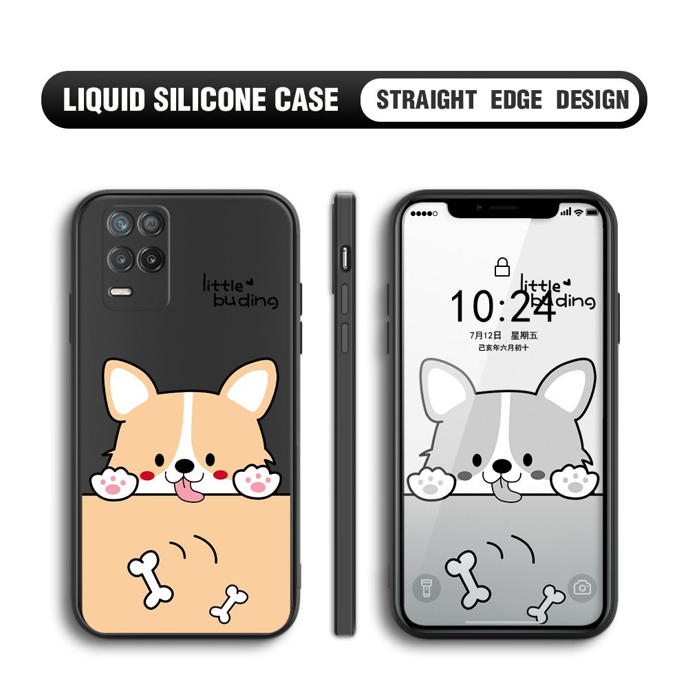 BILI for Realme 8 5G Back Cover Corgi and Bones Multicolor Liquid Silicone Phone Case Soft Square Lens Protection Phone Cases