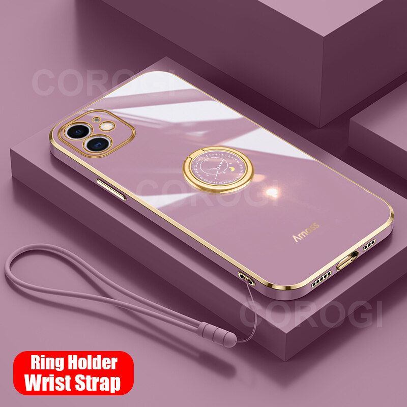 For iPhone 11 Back Cover with Ring Holder Stand + Wrist Strap Shiny Plating Square Bumper Protective Case Soft Silicone Shockproof Mobile Phone Cases