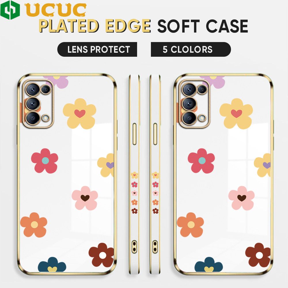UCUC for OPPO Reno5 4G 5G Back Cover + Free Lanyard INS Style Flower Luxury 6D Plating Case Side Pattern Soft Silicone Square Phone Cases