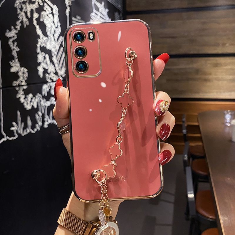For Huawei P40 Back Cover with Lucky Clover Wristband Chain Fashion Bracelet Shiny Plating Square Edge Bumper Phone Case Soft Silicone Bumper Protective Cover