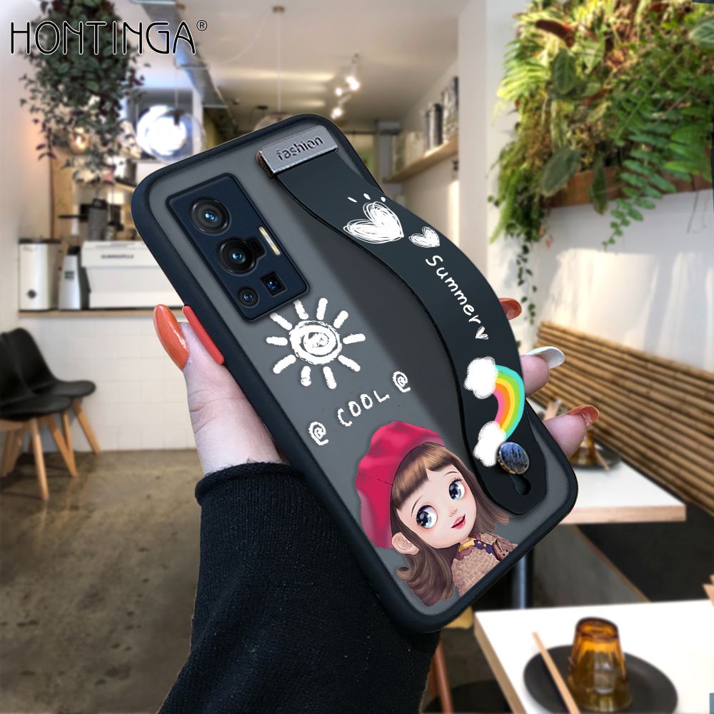 Hontinga for Vivo X70 Pro 5G Back Cover With Wristband Cute Red Hood Girl Phone Casee Full Lens Protection Thin Frosted Cases