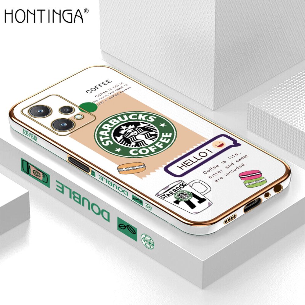 Hontinga for Realme 9 Pro Back Cover + Free Lanyard Luxury 6D Plating Fashion Coffee Side Pattern Case Soft Silicone Square Phone Cases