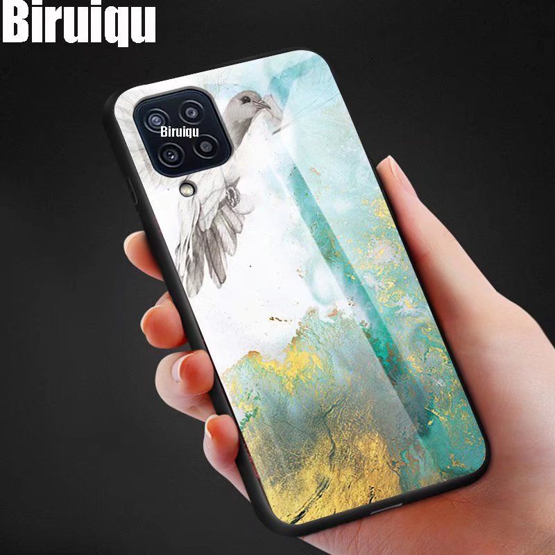 Biruiqu For Samsung Galaxy M22 Shockproof Fashion Marble Tempered Glass Back Case Cover