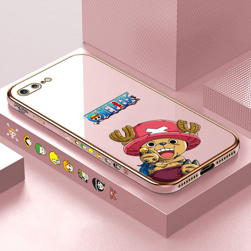 Luxury 6D Plating Case for iPhone 8 Plus Cartoon Anime Choba Side Pattern Back Cover Soft Silicone Square Frame Shiny Bling Phone Cases + Free Lanyard