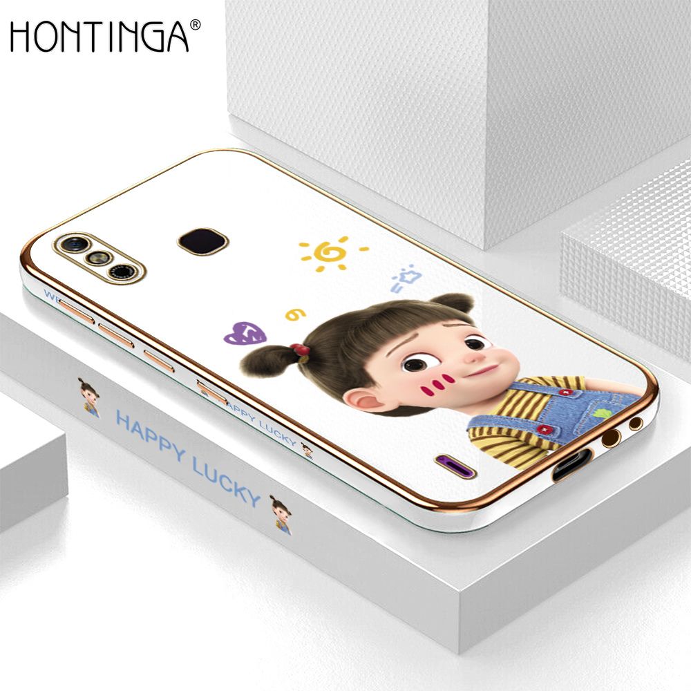 Hontinga for Infinix Smart 4 Back Cover + Free Lanyard Luxury 6D Plating Cute Cartoon Happy Girl Side Pattern Case Soft Silicone Square Phone Cases