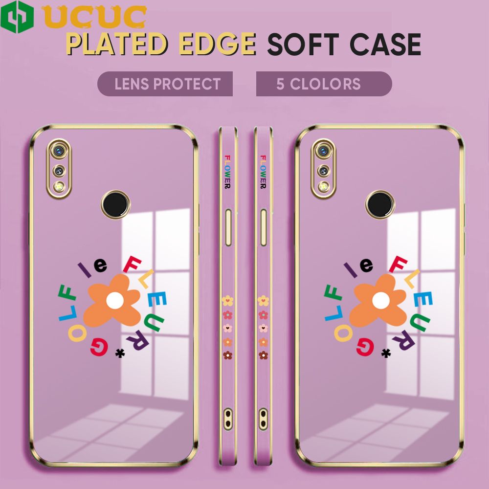 UCUC for Realme 3 Back Cover + Free Lanyard Colorful Flower Luxury 6D Plating Case Side Pattern Soft Silicone Square Phone Cases
