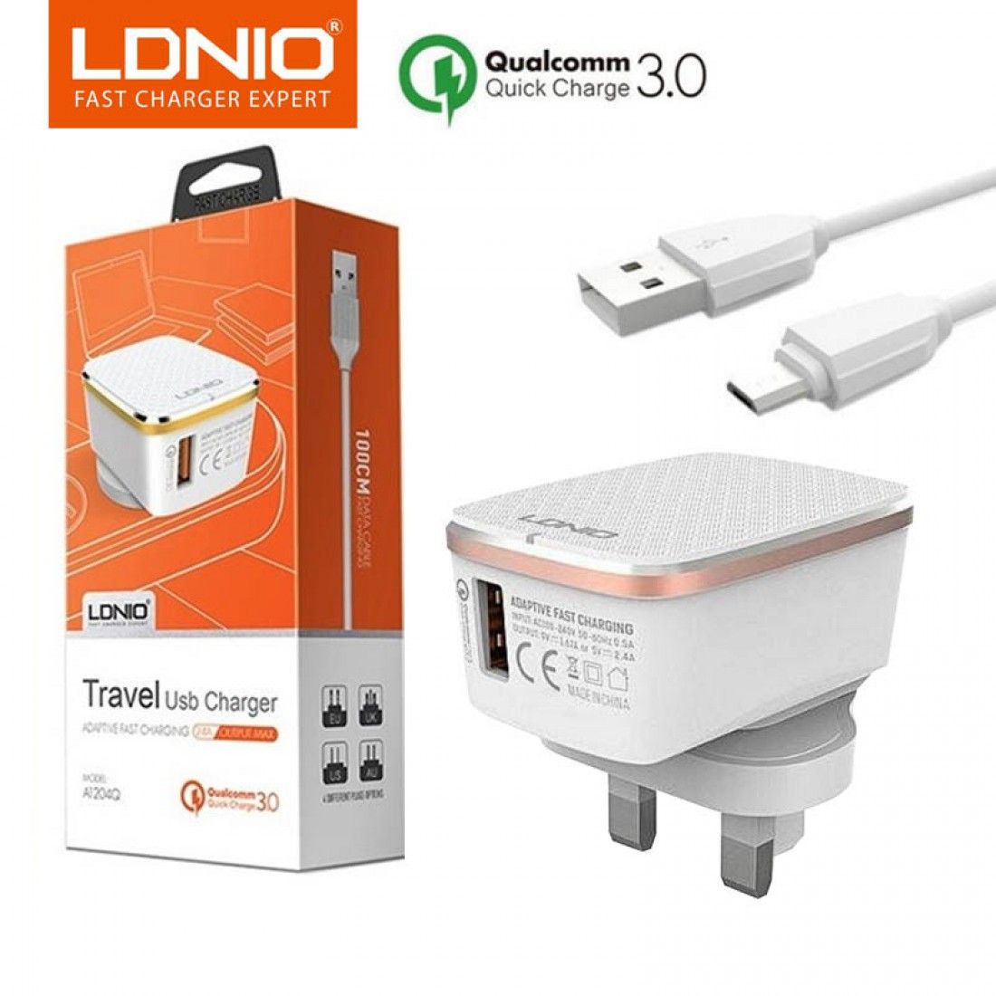 LDNIO A1204Q 18W Quick Charge 3.0 Travel Charger With Micro USB & iP Lightning Cable