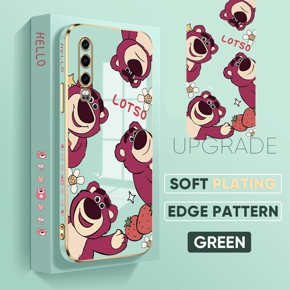 TA for Huawei P30 Back Cover + Free Lanyard Cute Bear Luxury 6D Plating Case Side Pattern Soft Silicone Square Phone Cases
