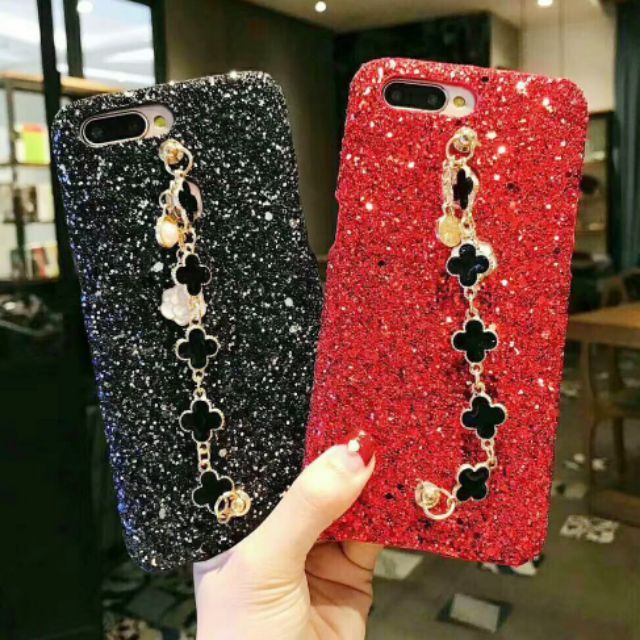 For OPPO A3S A12e A7 A5S A12 A37 A39 A57 A59 F1S A71 A77 Fashion Bling Glitter Gold Four Leaf Clover Phone Case Flower Wristband Bracelet Sequins Anti-drop Back Cover