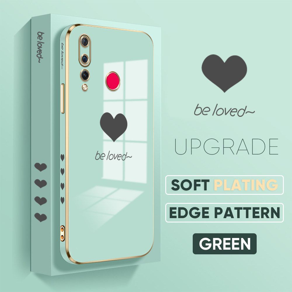 Jizetin (Free Lanyard) Huawei Nova 4 Luxury 6D Plating Soft Casing Silicone Square Frame Phone Case Shiny Bling Back Cover New Lover Heart New design Side Drawing Case