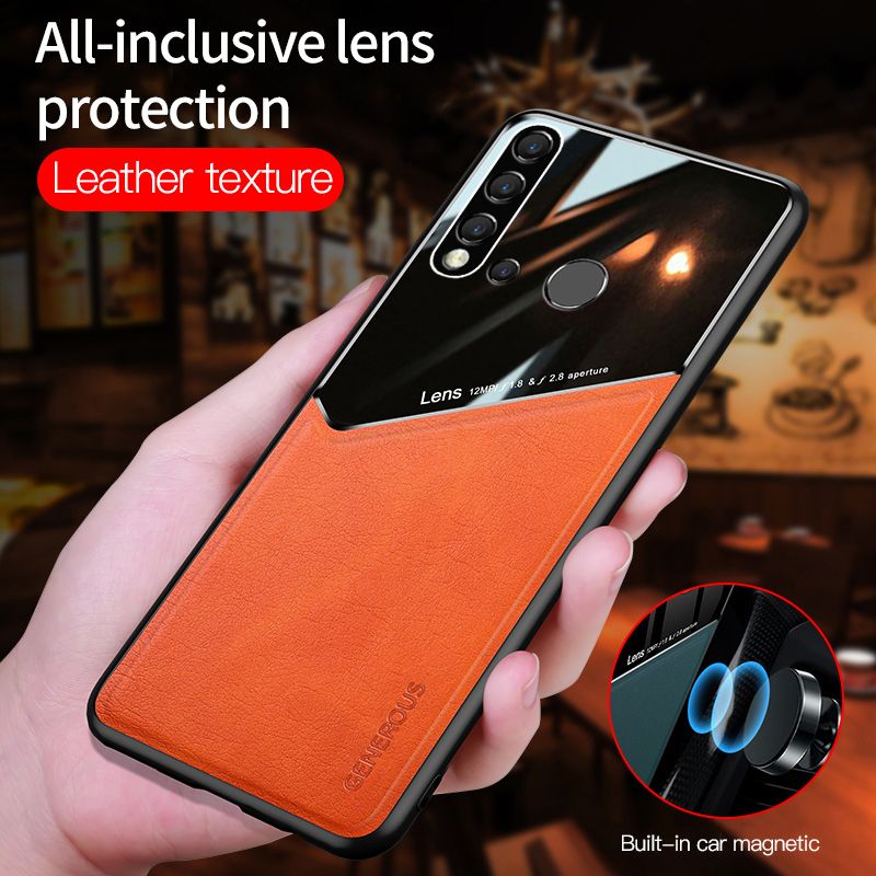 Lenuo For Huawei Nova 5i / P20 Lite 2019 Case Leather Texture Car Magnetic Holder Back Cover Soft Silicon Frame Shockproof Casing