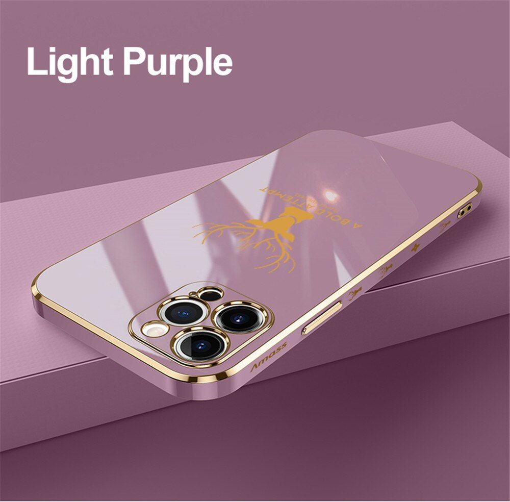 Luxury Plating Deer Head Case For iPhone 13 12 11 Pro Max XR X XS 7 8 Plus SE Mini Shockproof Armor Square Bumper Silicone Cover