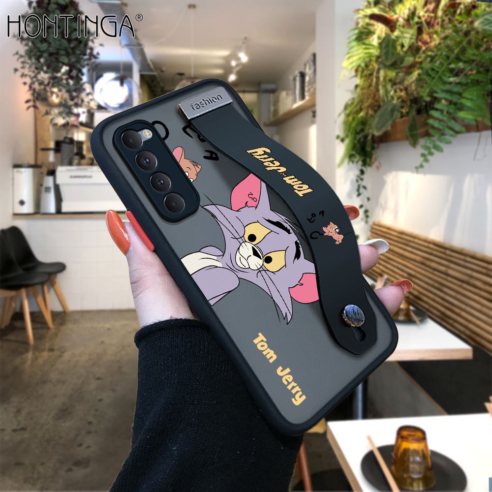 Hontinga for OPPO Reno4 Pro Back Cover With Wristband Popular Cartoon Pattern Phone Casee Full Lens Protection Thin Frosted Cases