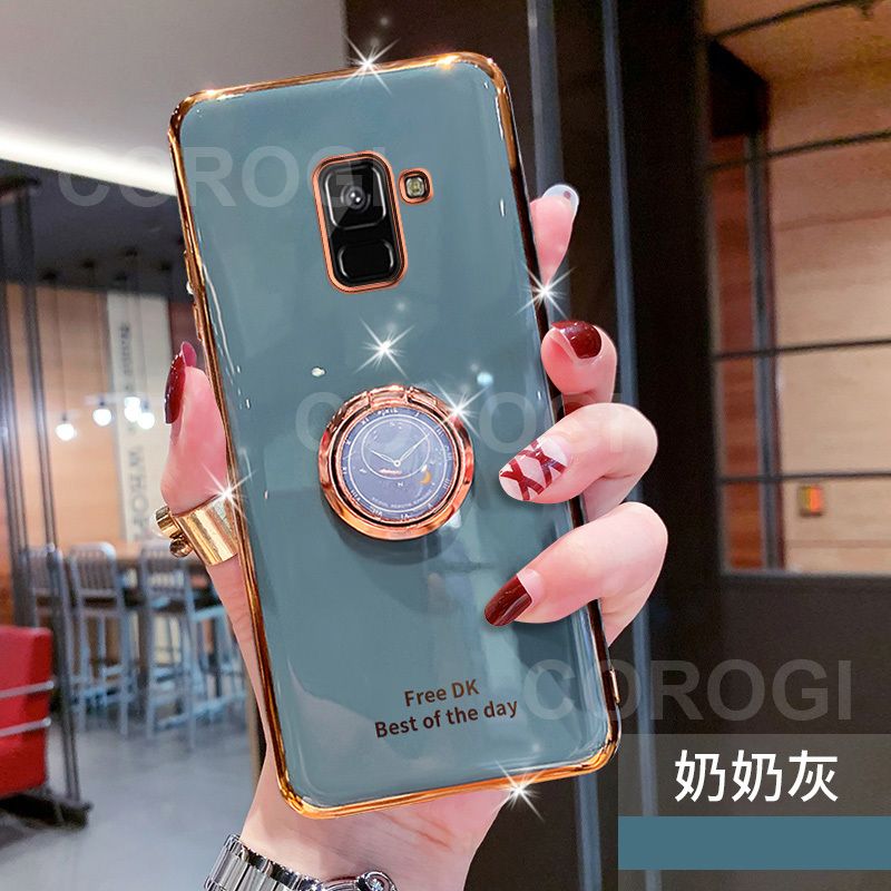 For Samsung Galaxy A8  / A8+ Plus  Case + Ring Holder Finger Stand, Luxury Ultra Thin Shiny Plating Bumper Soft TPU Silicone Phone Cases Shockproof Protective Casing Cover Women Lady Girl