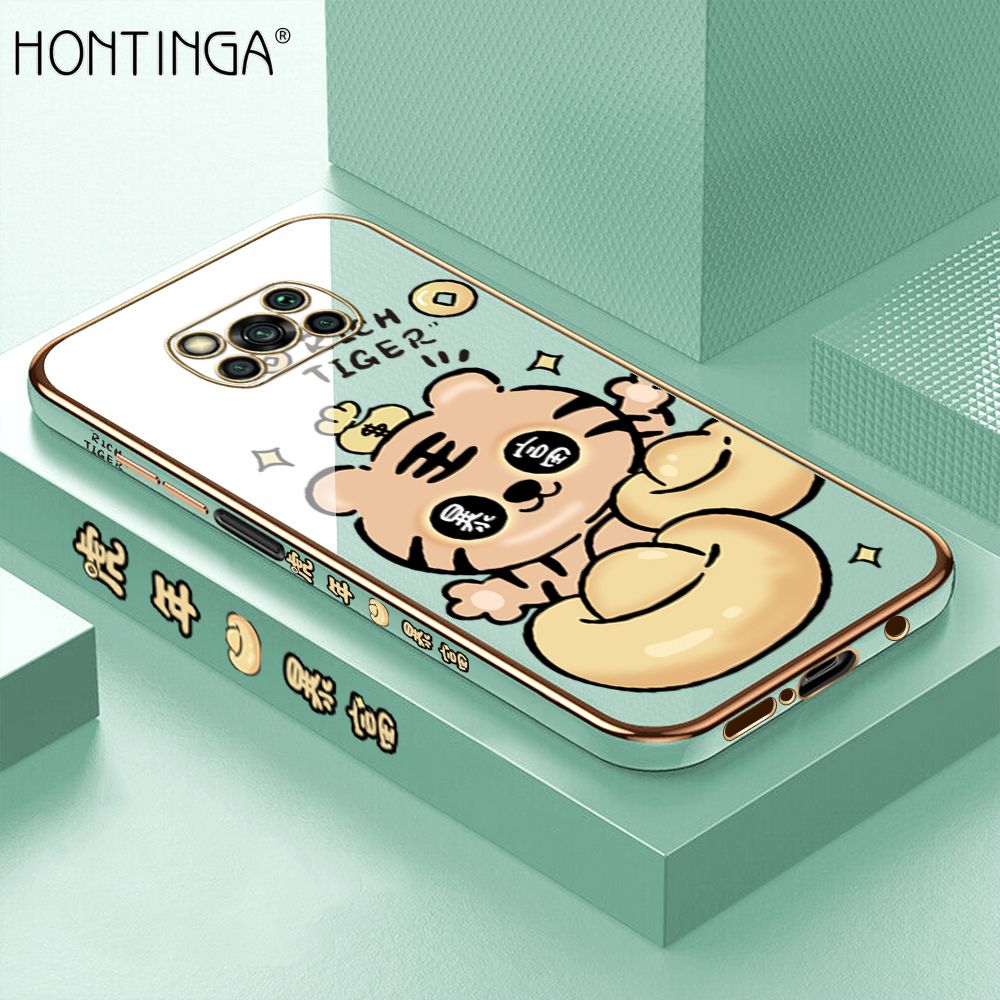 Hontinga for Xiaomi Poco X3 Pro / X3 NFC Back Cover Luxury 6D Plating Cartoon Get Rich Side Pattern Case Soft Silicone Square Phone Cases